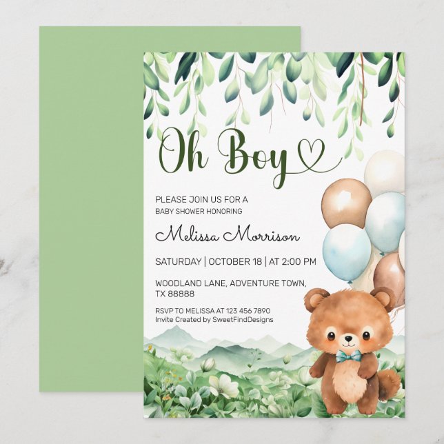 Invitación Bear Oh Boy Forest Baby Shower (Anverso / Reverso)