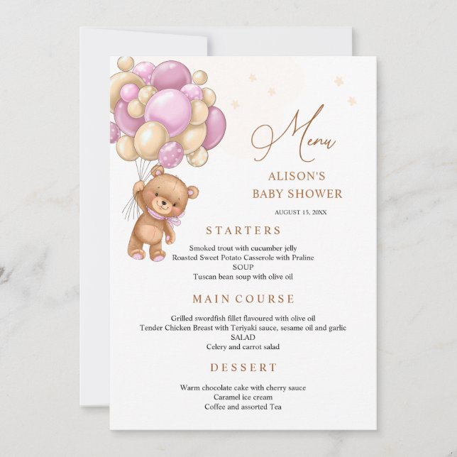 Invitación Bear Pink Balloons Baby Shower Menu (Anverso)