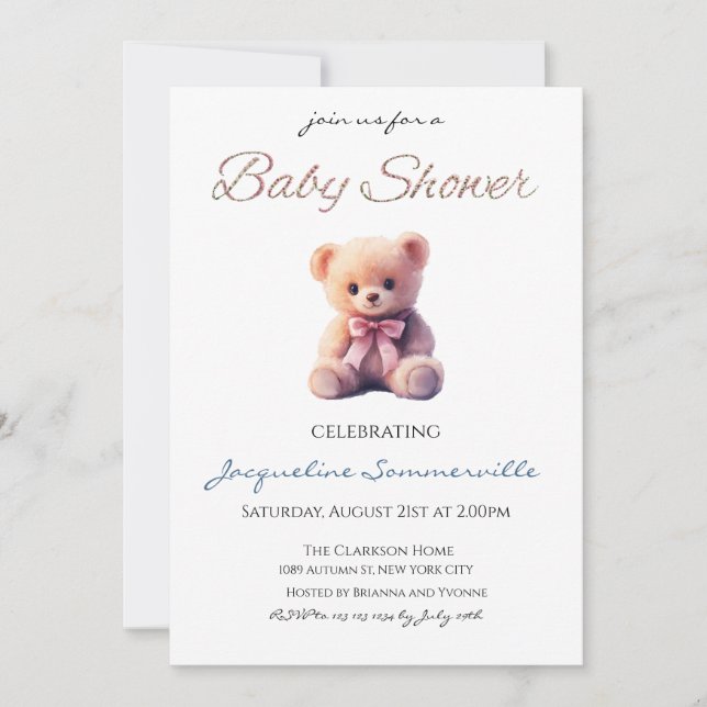 Invitación Bear Pink Bow Baby Shower It's a Girl (Anverso)