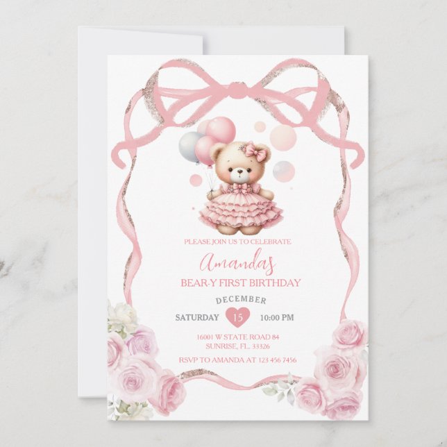 Invitación Bear Pink Bow Ribbon Primer Cumpleaños (Anverso)