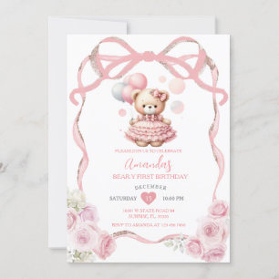 Invitación Bear Pink Bow Ribbon Primer Cumpleaños