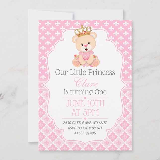 Invitación Bear Princess First Birthday Invitation (Anverso)