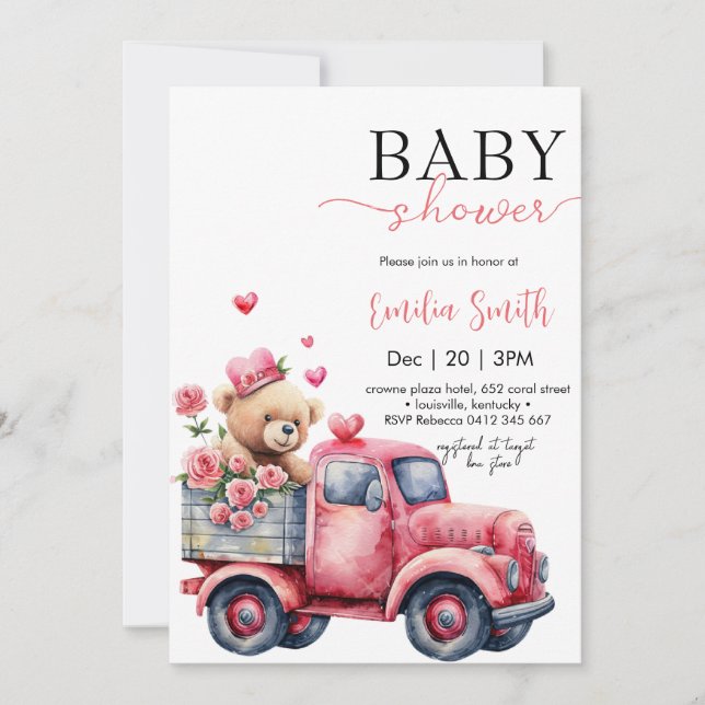 Invitación Bear Red Hearts Camión Bebé ducha (Anverso)