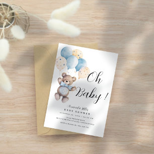 Invitación Bear simple globos azul Baby Shower