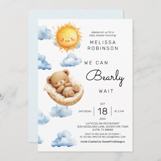 Invitación Bear Sunshine Baby Shower (Anverso / Reverso)