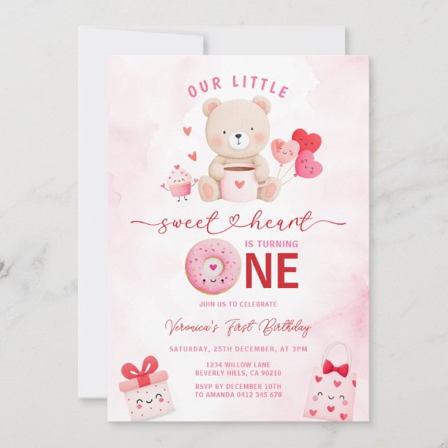 Invitación Bear Sweetheart Valentine 1st Birthday Balloon  (Anverso)
