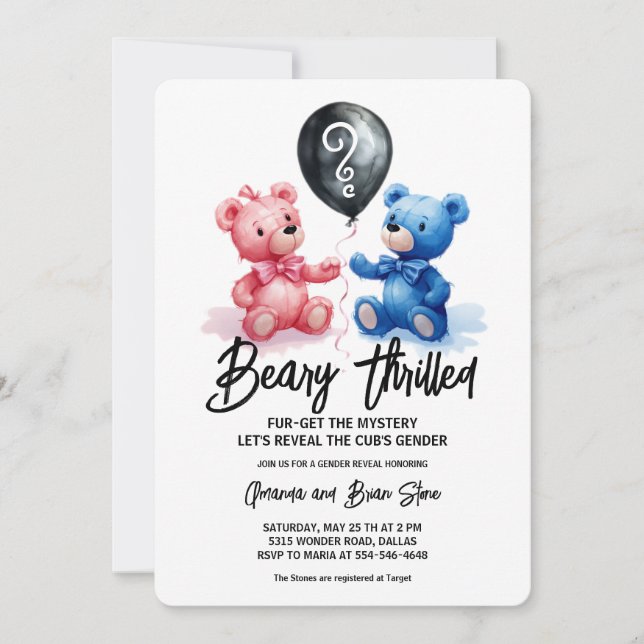 Invitación Bear Thrilled Bear Balloons Revelación de género (Anverso)
