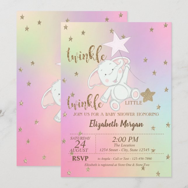 Invitación Bear, Twinkle Little Star Holographic Baby Shower (Anverso / Reverso)