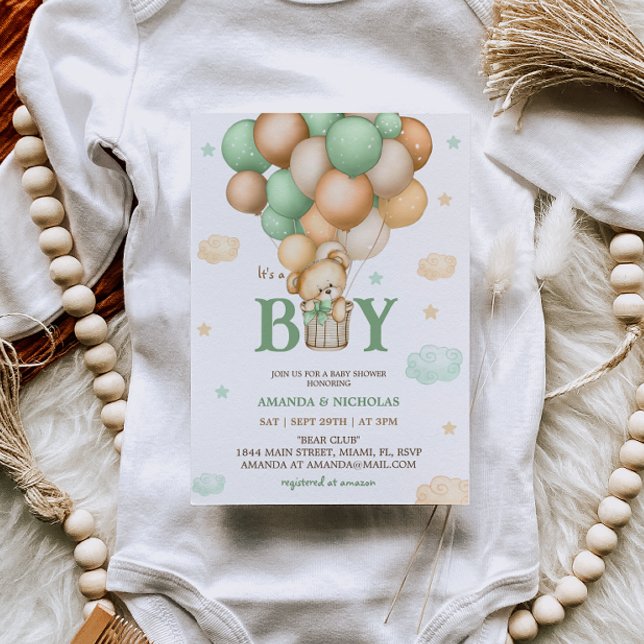 Invitación Bear verde aire caliente globo Bebé niño ducha (Subido por el creador)