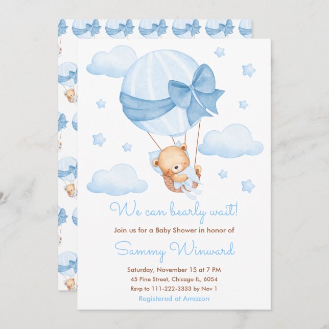 Invitación Bear Wait Blue Balloon Boy Baby Shower (Anverso / Reverso)