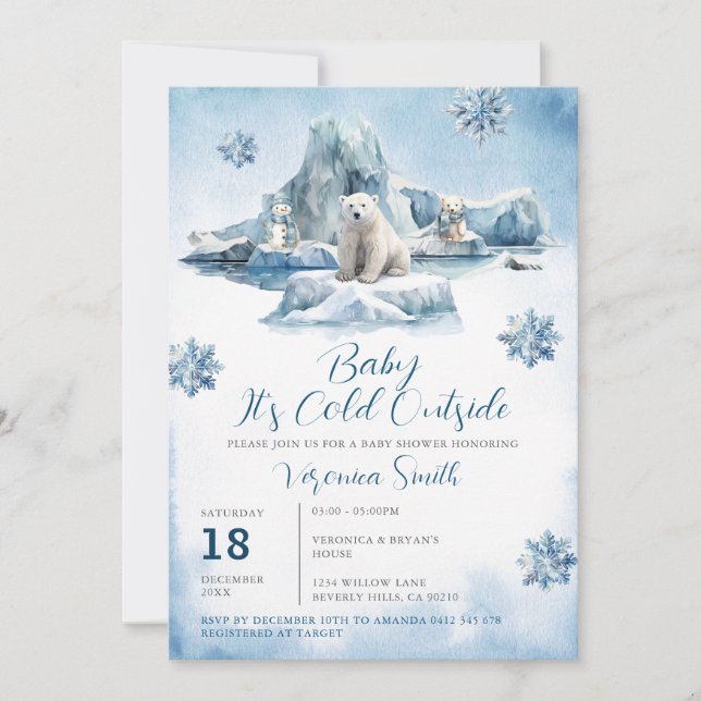 Invitación Bear Winter Animals Árticos Baby Shower Copos de n (Anverso)