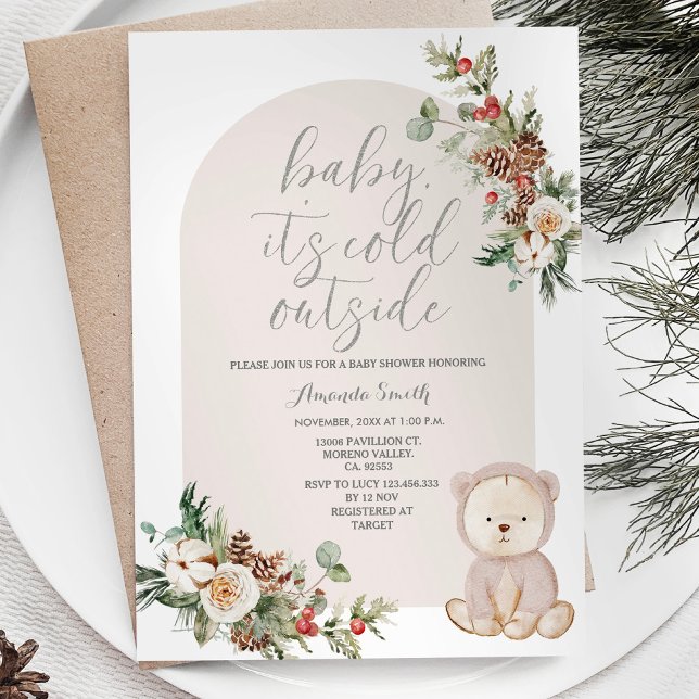 Invitación Bear Winter Berries Snowflakes Treps Baby Shower (Subido por el creador)