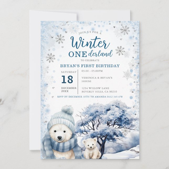 Invitación Bear Winter Onederland Arctic Animals Cumpleaños (Anverso)