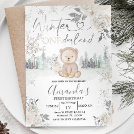 Invitación Bear Winter Onederland Snowflake Floral Cumpleaños
