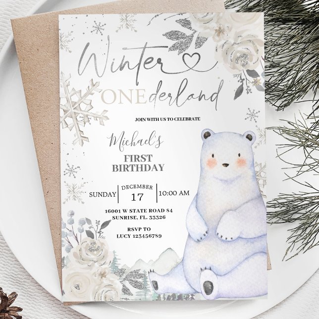 Invitación Bear Winter Onederland White Floral Birday (Subido por el creador)