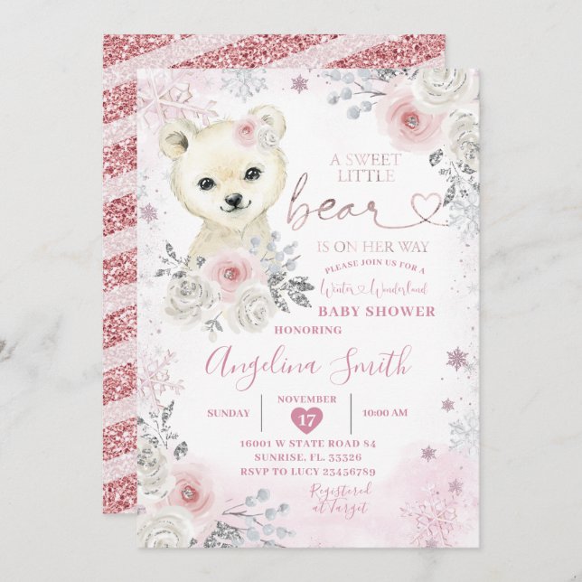 Invitación Bear Winter Pastel Rosa Snowflake Baby Shower (Anverso / Reverso)