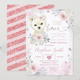 Invitación Bear Winter Pastel Rosa Snowflake Baby Shower