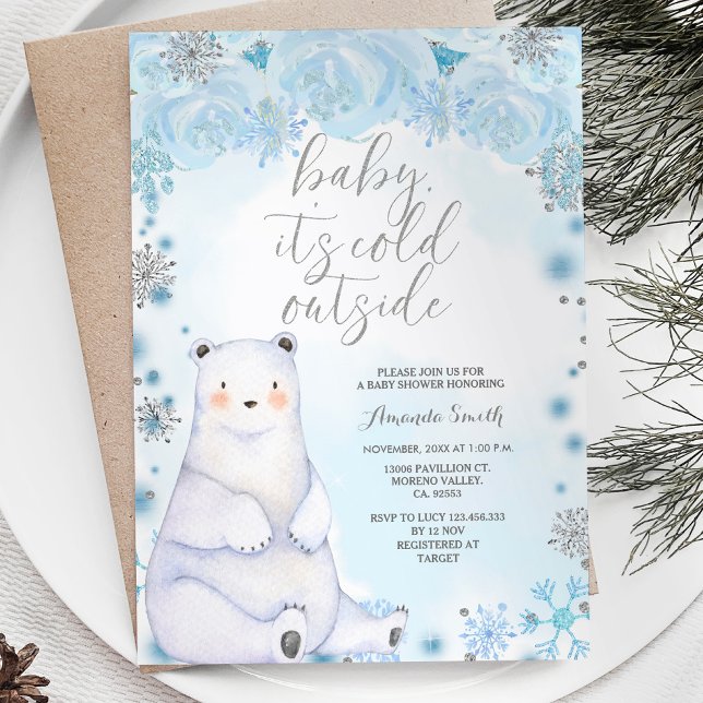 Invitación Bear Winter Silver Snowflakes Baby Shower (Subido por el creador)