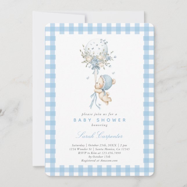 Invitación Bear with Balloon Baby Shower Boy (Anverso)
