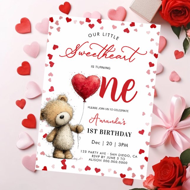 Invitación Bear with balloon Valentines 1st girl Birthday (Subido por el creador)