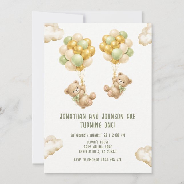 Invitación Bear With Balloons Twins First Birthday Invitation (Anverso)