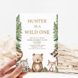 Invitación Bear Woodland Wild One First Birthday Invitation<br><div class="desc">Invitación a un primer cumpleaños de Bear Woodland Wild One Cute invitaba a los chicos con temas de bosque a que celebraran su cumpleaños con un oso,  un lobo,  un zorro,  un mapache y un porcupine. Esta invitación de 1er cumpleaños silvestre de bosques también incluye pinos y follaje.</div>
