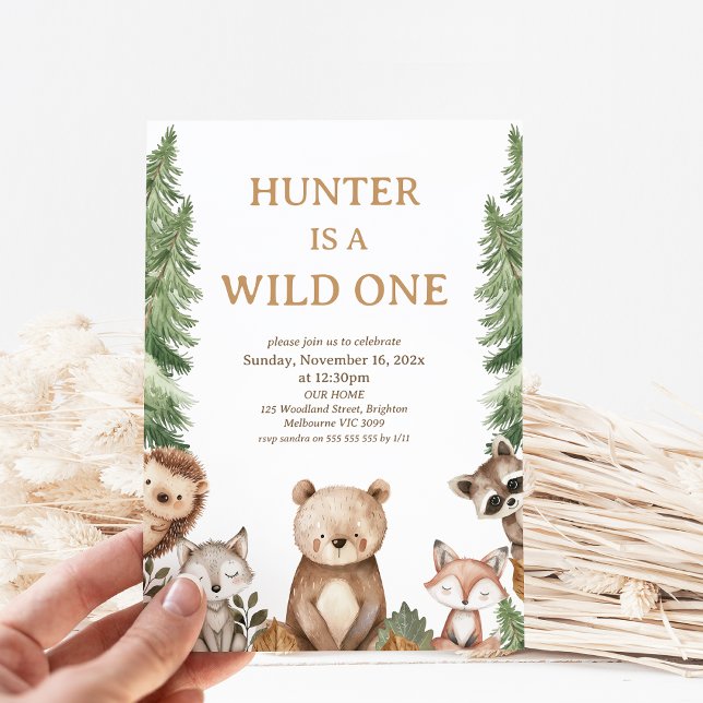 Invitación Bear Woodland Wild One First Birthday Invitation (Bear Woodland Wild One 1st Birthday Party Invitation Boy, Woodland Wild One Birthday Invitation, )