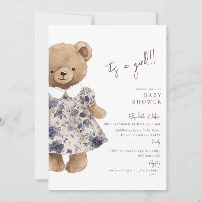 Invitación Bear-y Cute Teddy Bear It's a Girl Baby Shower (Anverso)