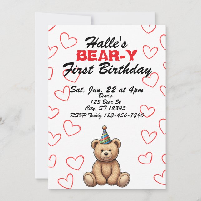 Invitación BEAR-Y First Birthday, cute teddy bear birthday (Anverso)