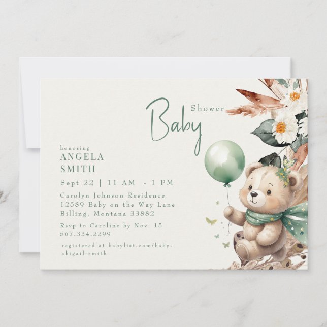 Invitación Bear y Happy Green Boho Baby Shower (Anverso)