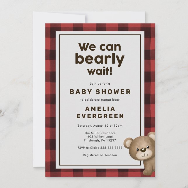 Invitación Bear y Lumberjack Flannel Baby Shower (Anverso)