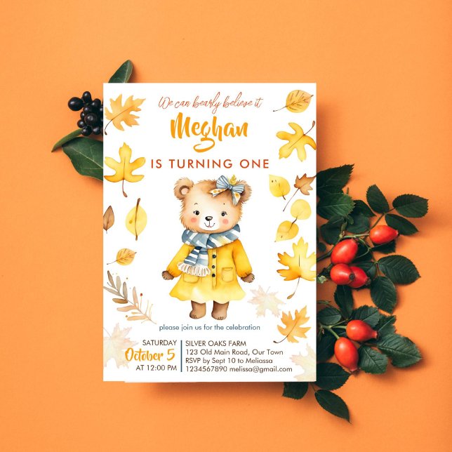 Invitación Bearly créelo chica fiesta de cumpleaños de otoño (Cute teddy bear bearly believe it toddler birthday party template invitation instant download  fall)