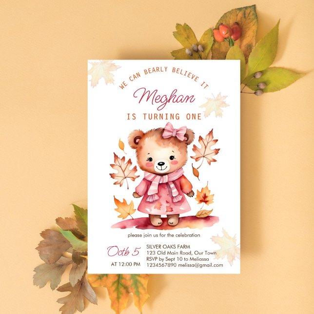Invitación Bearly créelo chica fiesta de cumpleaños de otoño (Bearly believe cute girl teddy bear birthday party template invitation instant download fall themed)