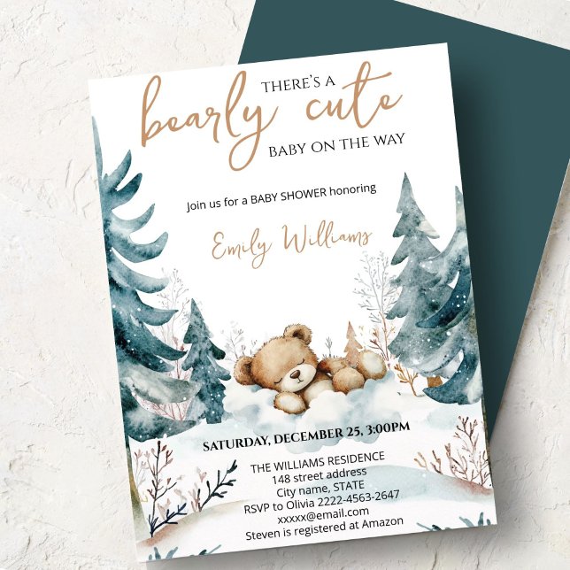 Invitación Bearly Cute Baby Shower Invitation | Woodland Bear (Cute bear watercolor baby shower invitation “Bearly cute baby on the way” )