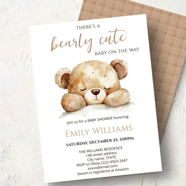 Invitación Bearly Cute Baby Shower | Neutral minimalist  (Cute bear watercolor baby shower invitation “Bearly cute baby on the way” )