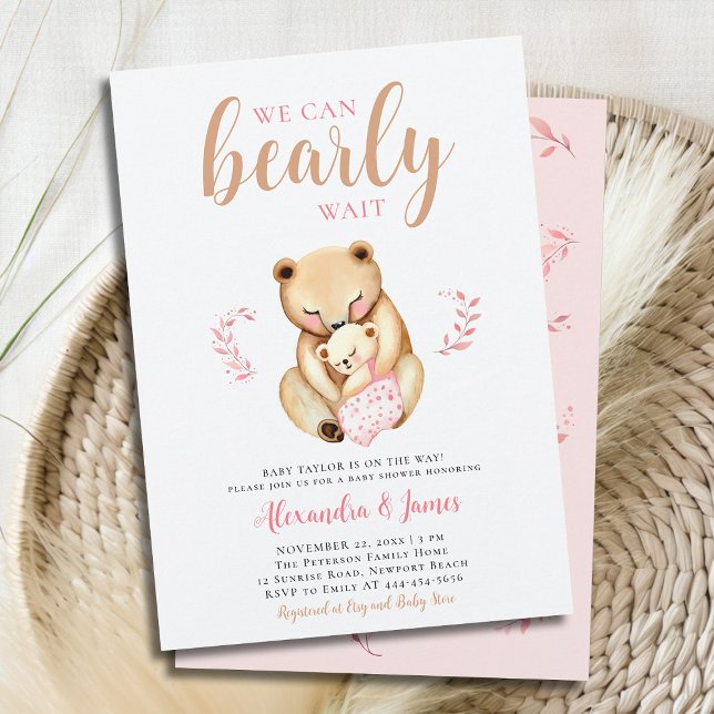 Invitación Bearly Mama Bear Cub Woodland Baby Shower (we can bearly wait baby girl shower invitation mama bear cub woodland forest cute sweet animal pink )