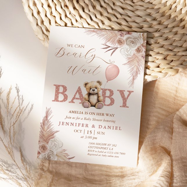 Invitación Bearly Wait Baby Shower Chica Floral de Boho rosa (Subido por el creador)