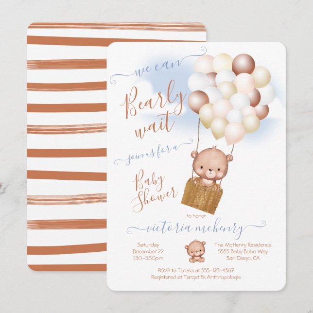 Invitación Bearly Wait Baby Shower Teddy Bear Balloons (Anverso / Reverso)
