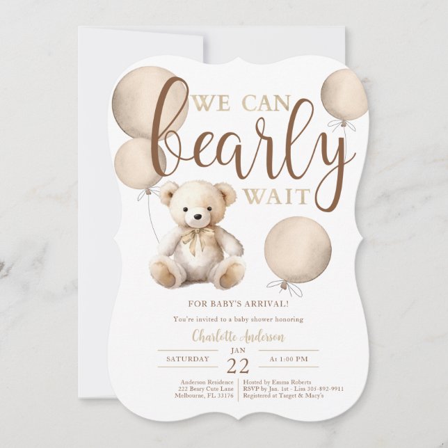 Invitación Bearly Wait Balloon Neutral Teddy Bear Baby Shower (Anverso)