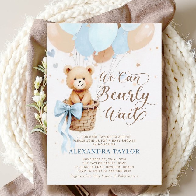 Invitación Bearly Wait Balloons Bow Blue Tan Boy Baby Shower (bearly wait baby shower invitation boy blue brown hot air balloons bow calligraphy watercolor)