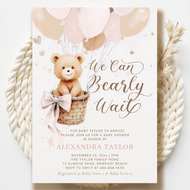 Invitación Bearly Wait Balloons Bow Rubor Chica Baby Shower (bearly wait baby shower invitation dusty pink hot air balloons bow calligraphy watercolor)