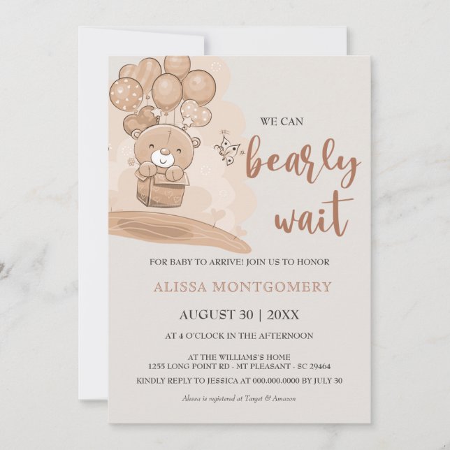 Invitación Bearly Wait Balloons Tema de Baby Shower Beige (Anverso)