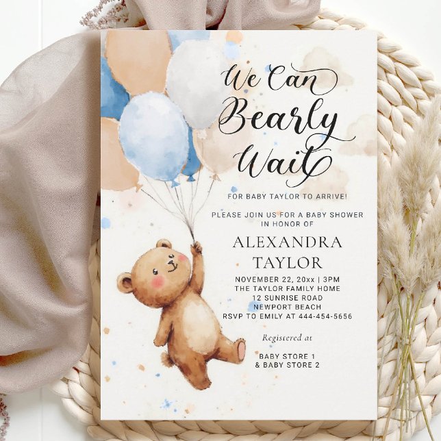 Invitación Bearly Wait Balloons Watercolor Bebé Ducha (bearly wait baby shower invitation boy blue brown tan balloons whimsical watercolor calligraphy)