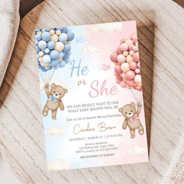 Invitación Bearly Wait Bear Balloon Gender Reveal  (Bear Balloon He or She Gender Reveal Invitation)