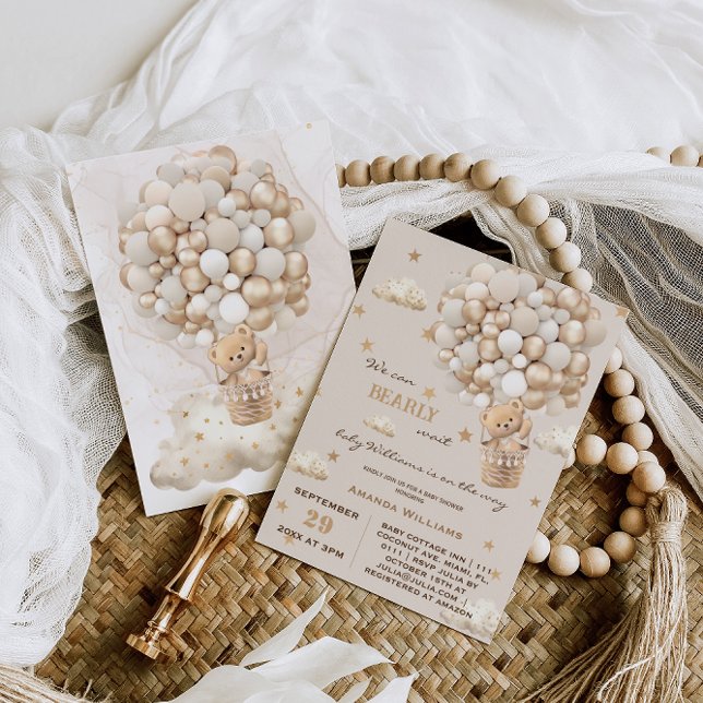 Invitación Bearly Wait Bear Balloons Neutral Gold Baby Shower (Subido por el creador)