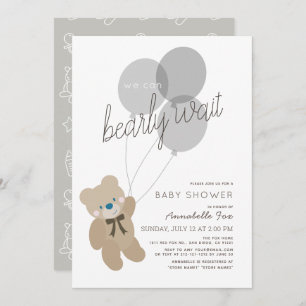 Invitación Bearly Wait Bear Gender Neutral Gray Baby Shower
