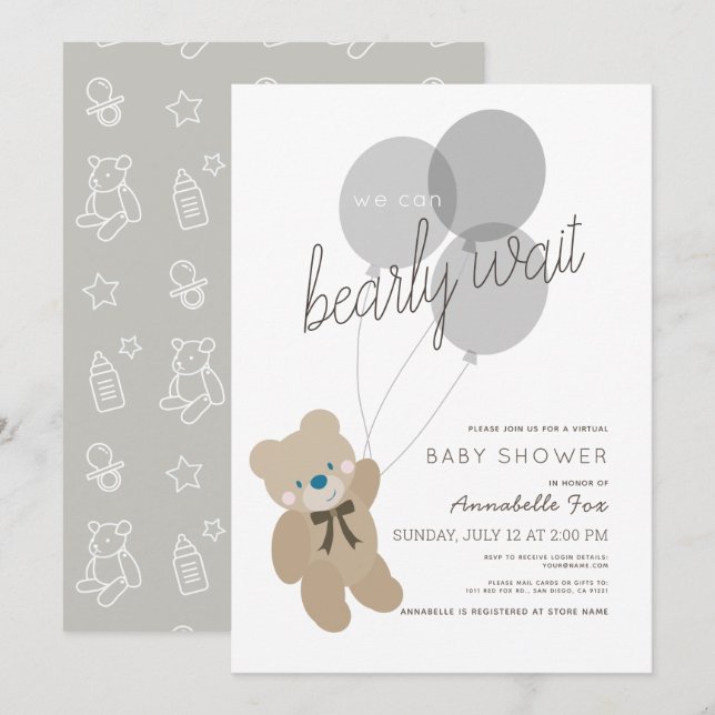 Invitación Bearly Wait Bear Gray Virtual Baby Shower (Anverso / Reverso)