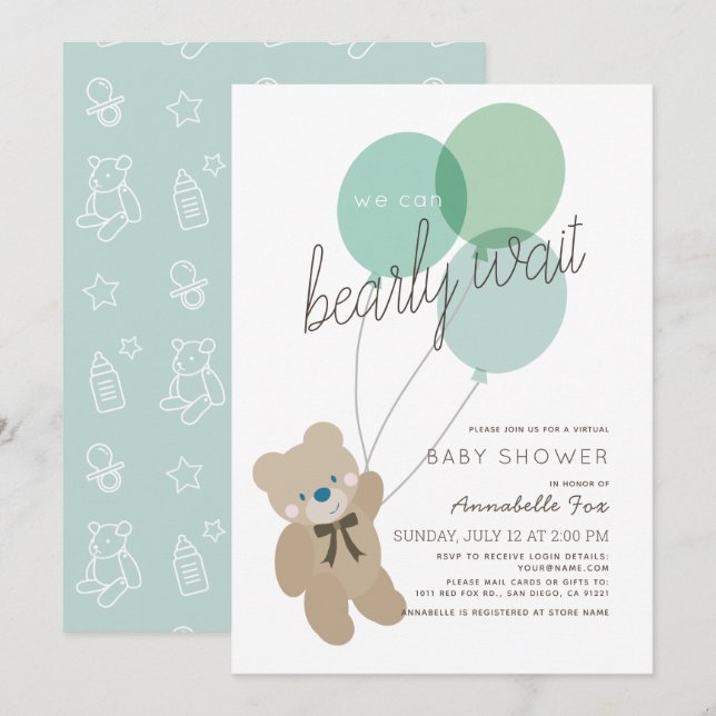 Invitación Bearly Wait Bear Mint Green Baby Shower Virtual (Anverso / Reverso)