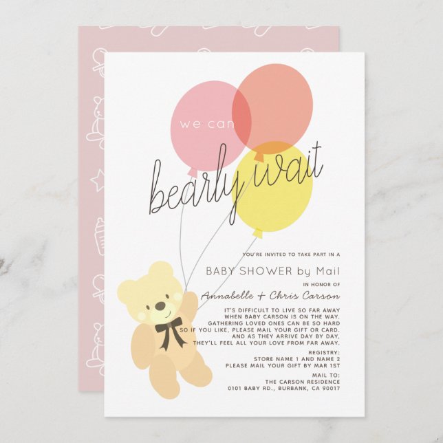 Invitación Bearly Wait Bear Pink Baby Shower por correo (Anverso / Reverso)