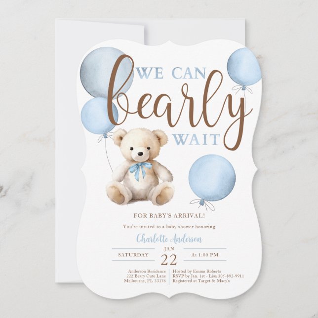 Invitación Bearly Wait Blue Balloon Teddy Bear Baby Shower (Anverso)